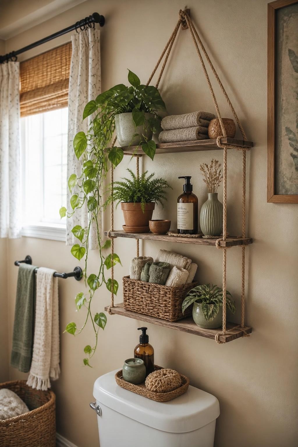 Cozy bohemian bathroom scene with rope-hung rustic wooden shelves suspended above the toilet, filled with lush potted trailing plants, neutr.