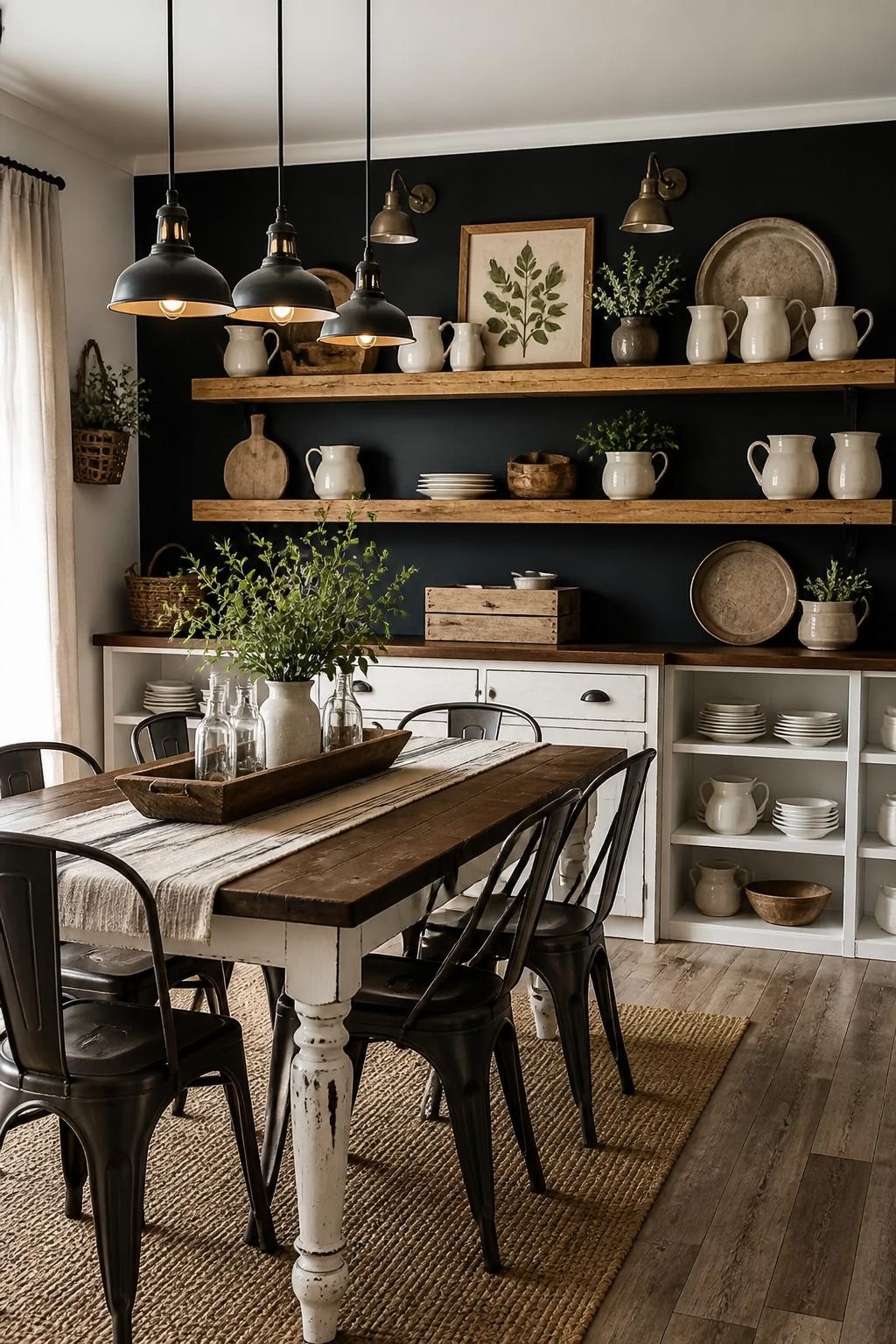 This industrial farmhouse dining room features thick raw wood floating shelves on a dramatic matte black accent wall.