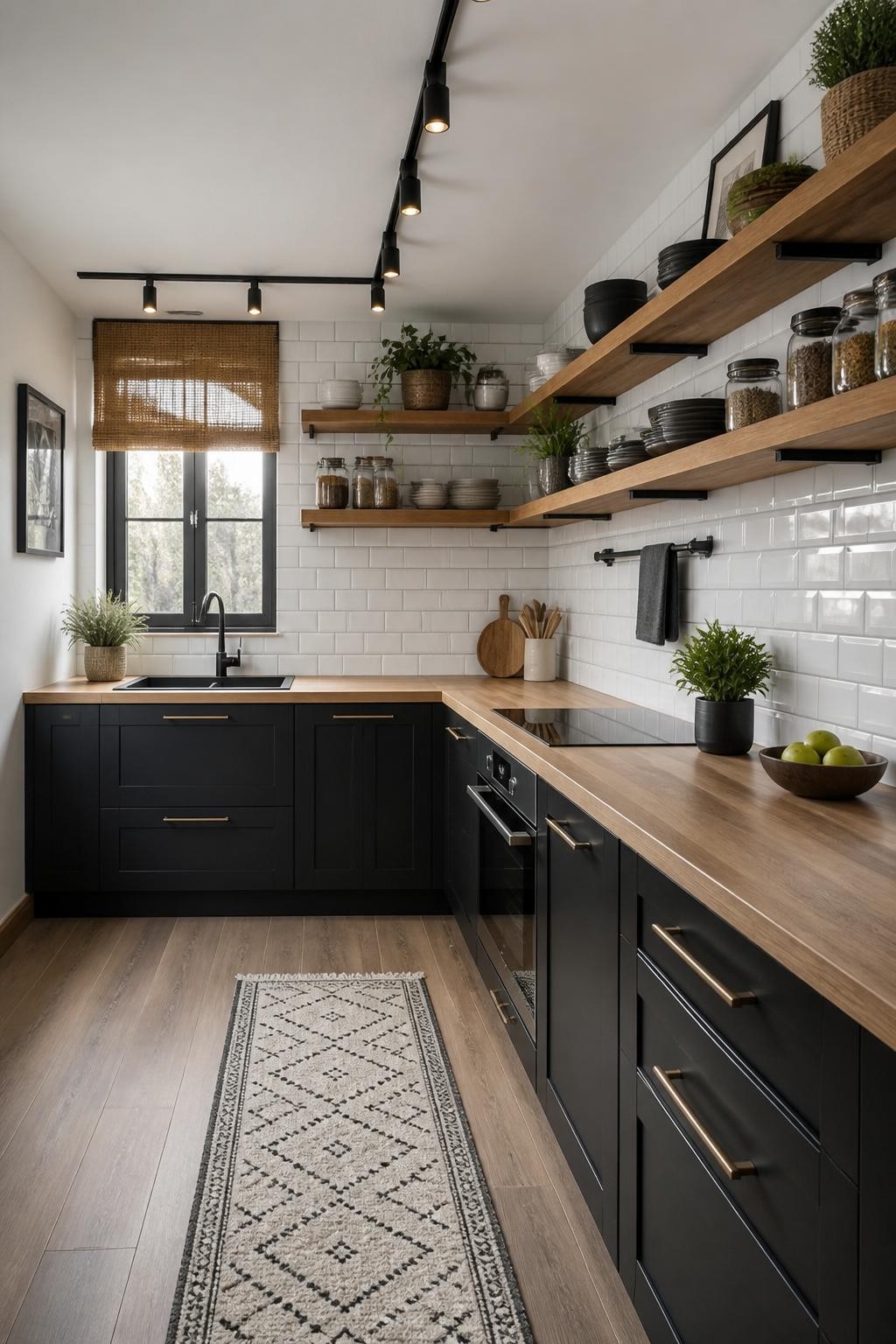 Modern kitchen in a striking palette, featuring rich matte black cabinetry, warm white oak floating shelves, and a geometric runner rug.