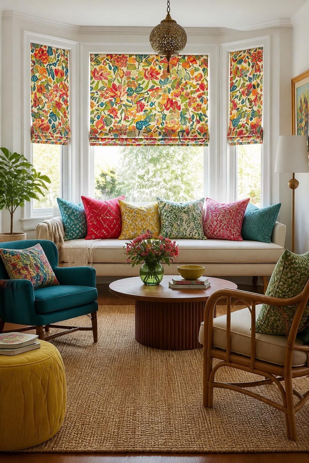A lively, eclectic living area with bay windows dressed in bold floral roman blinds.