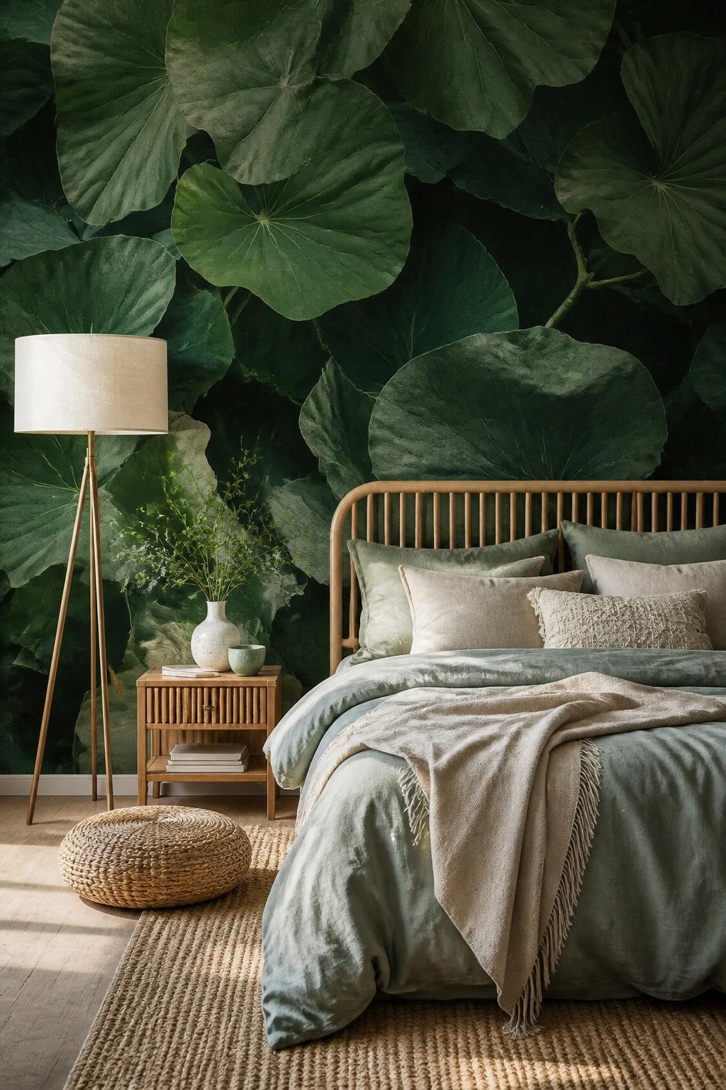 This striking bedroom features an oversized green leaf mural as the dramatic backdrop, creating a lush, immersive sanctuary.