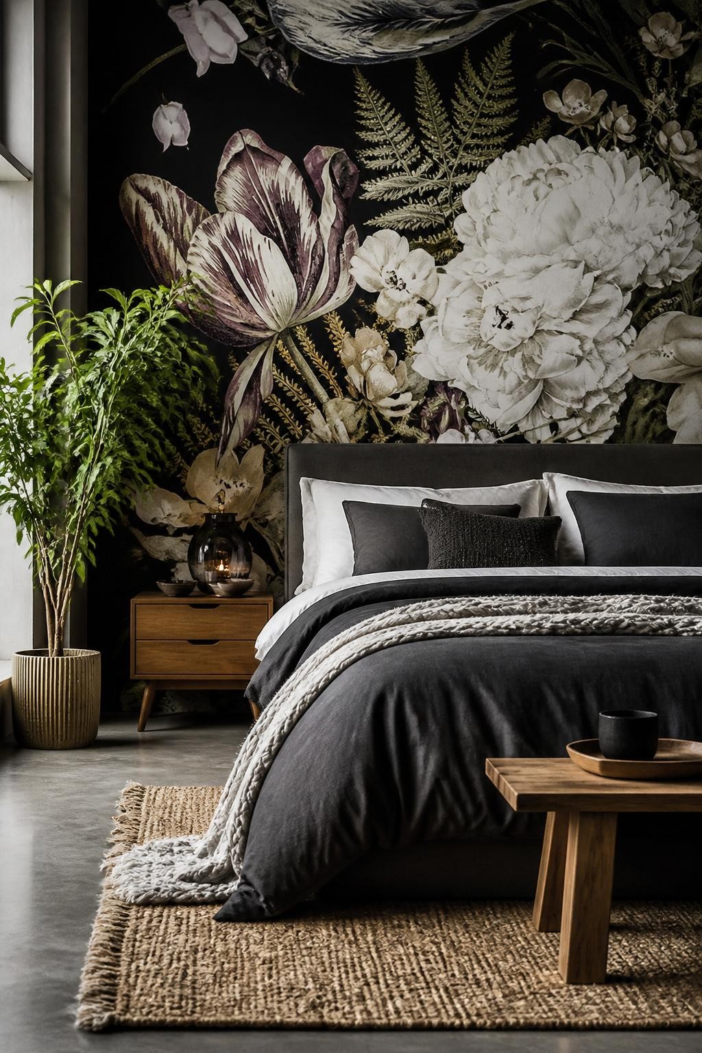 A striking modern bedroom with a bold black-and-white floral mural, featuring giant watercolor blooms contrasted against a deep background.
