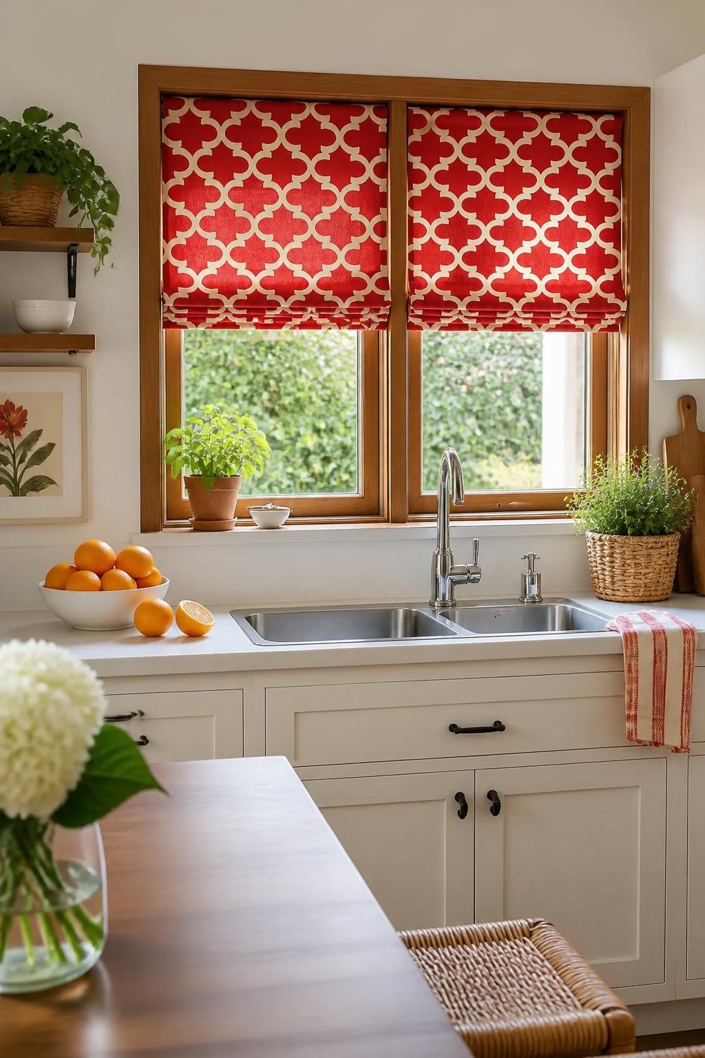 This cheerful kitchen features punchy red Roman blinds with a bold white trellis pattern, providing a vibrant splash of color against soft n.