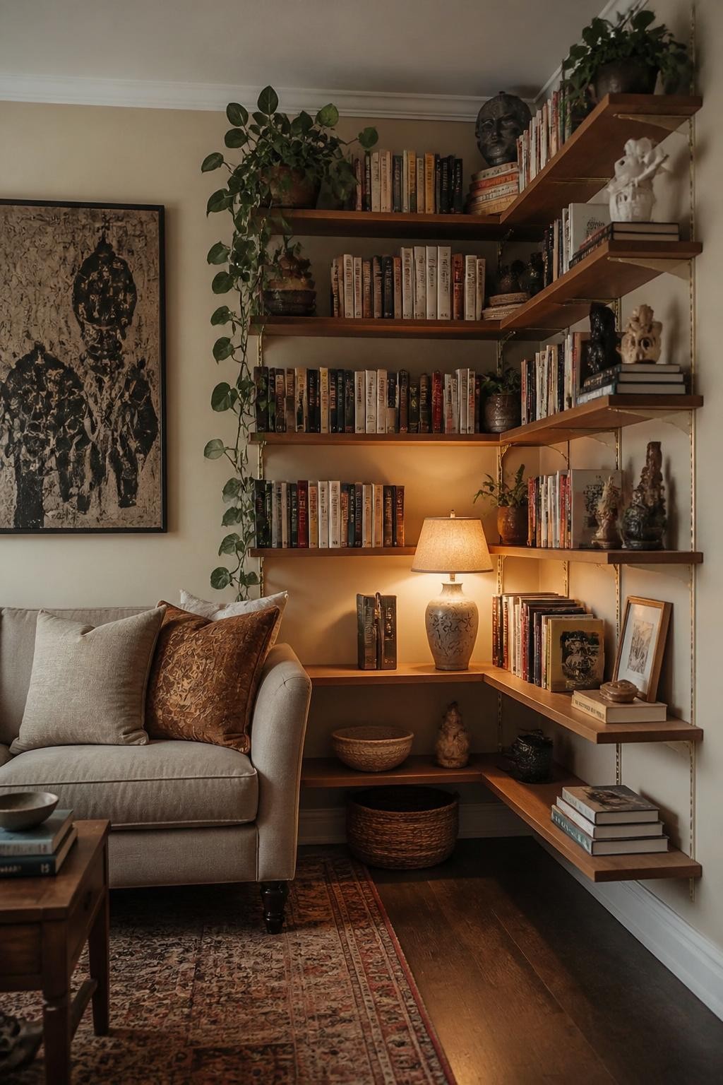 Design a reader’s haven with floating L-shaped shelves wrapping the living room corner, packed with books from floor to ceiling and accented.