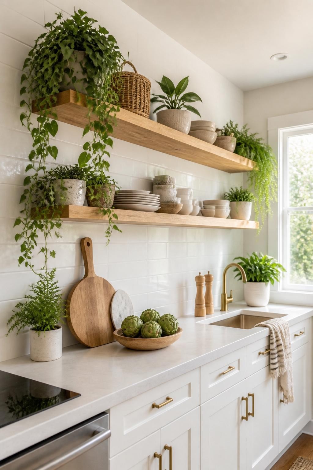 Inviting kitchen with fresh white shaker cabinets, thick white oak floating shelves, and a lush display of potted plants for a botanical-ins.