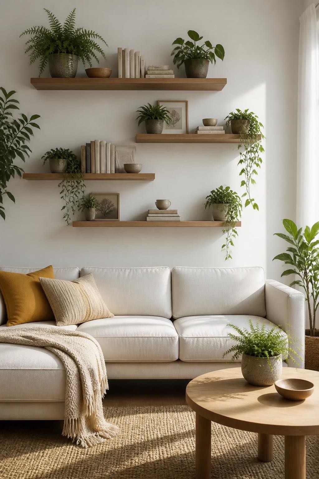 Scandinavian-inspired living room with a crisp white backdrop, featuring three floating wooden shelves styled with mossy green plants, trail.