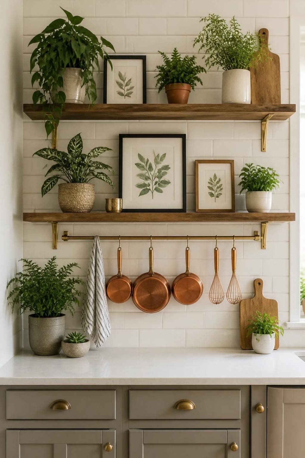 A compact kitchen wall features two wooden floating shelves against glossy white subway tile, adorned with lush green plants in varying pots.