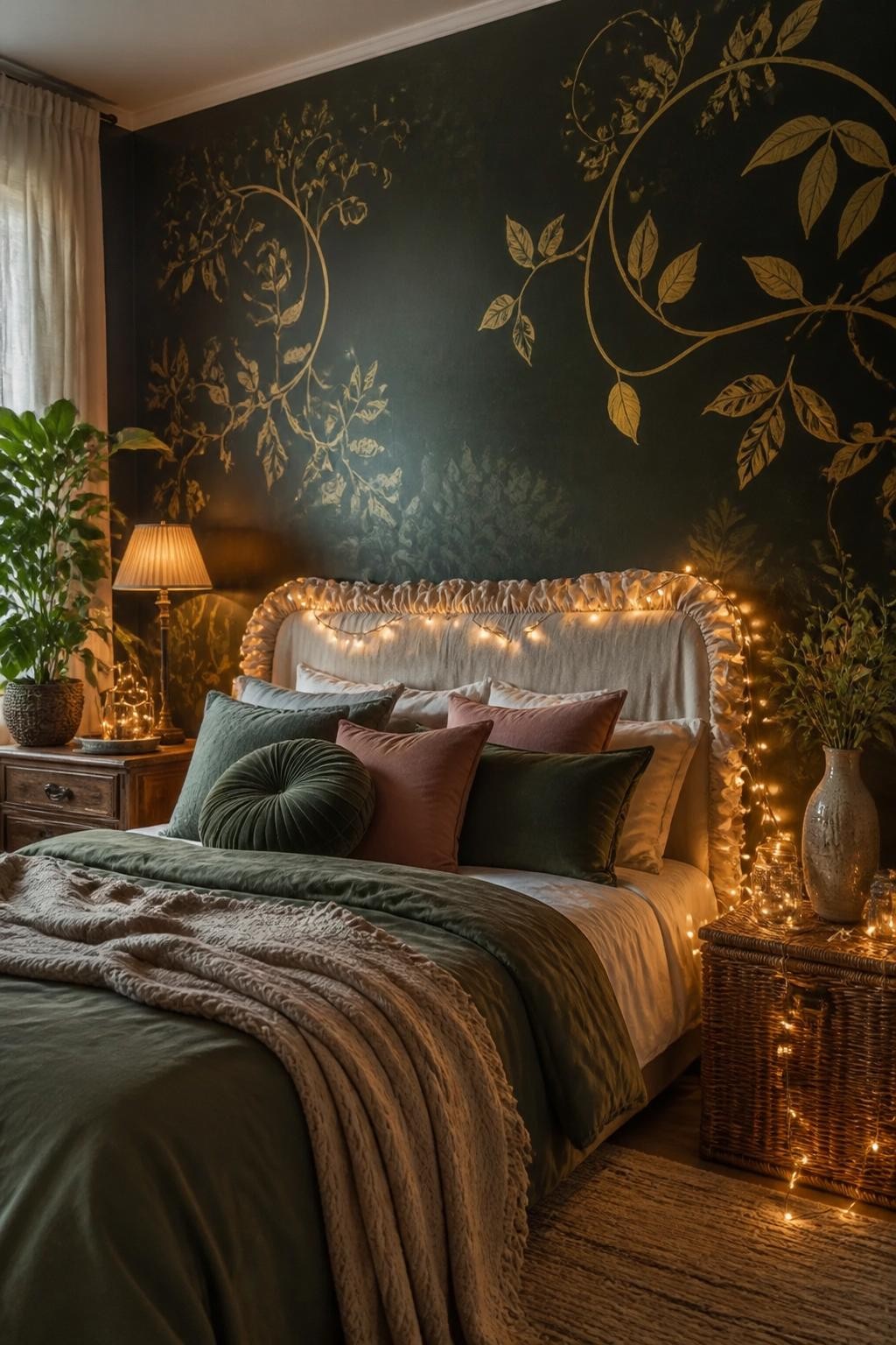 An enchanting bedroom evoking a dreamy botanical night garden, anchored by a deep green wall mural with golden vine motifs sprawling behind.