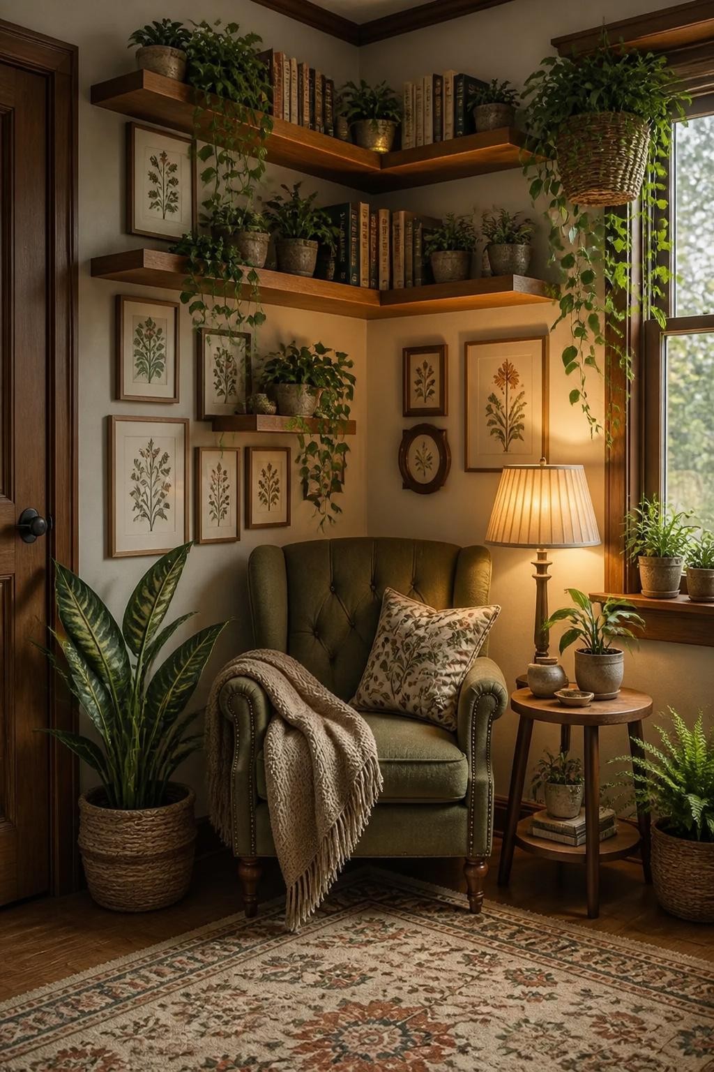 Botanical-inspired cozy reading corner filled with floating wooden shelves, vintage art prints, and an abundance of greenery cascading from.