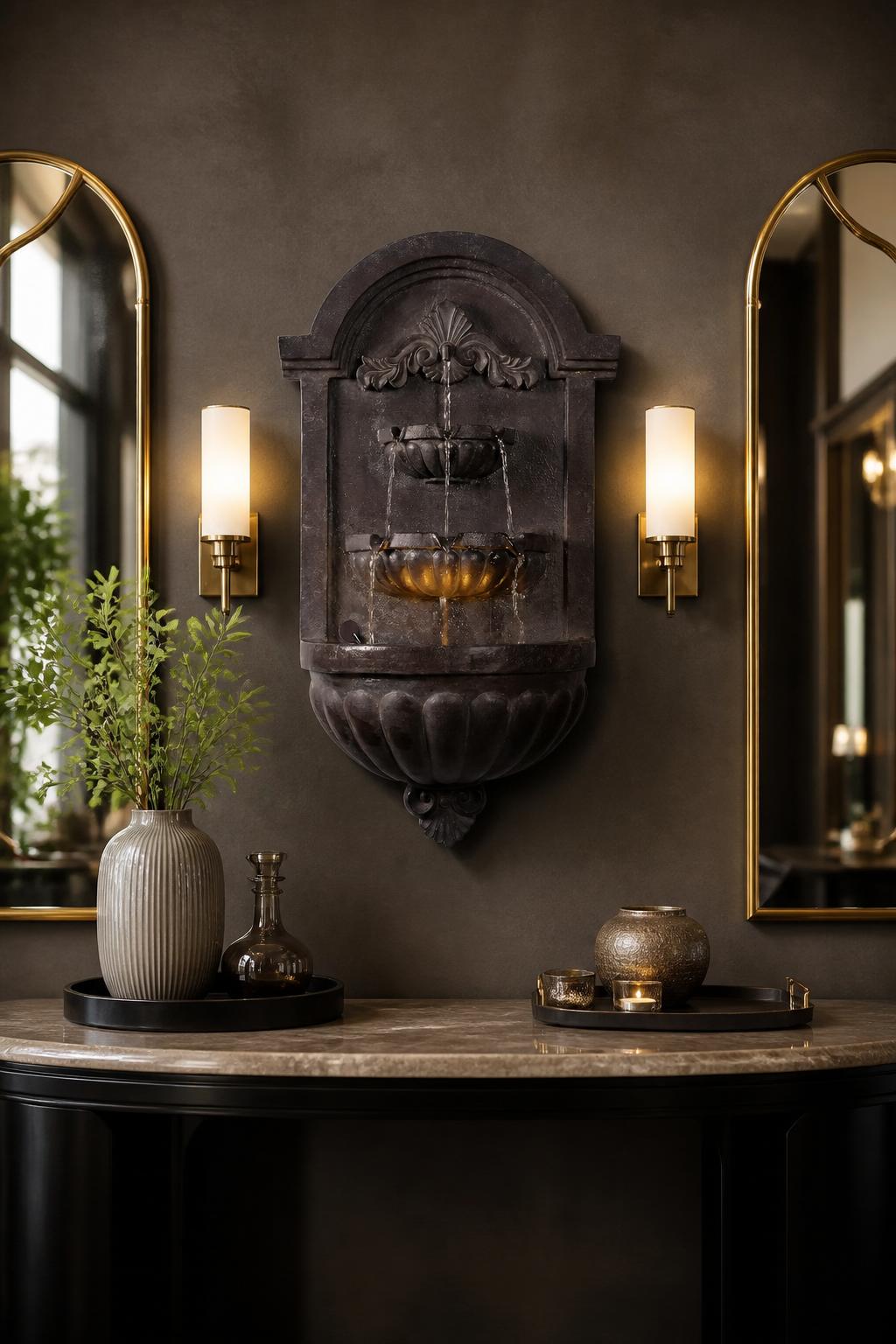 Use the uploaded Kenroy Home San Pablo Wall Fountain exactly as the reference product, preserving its triple-basin tiered design, dark stone.