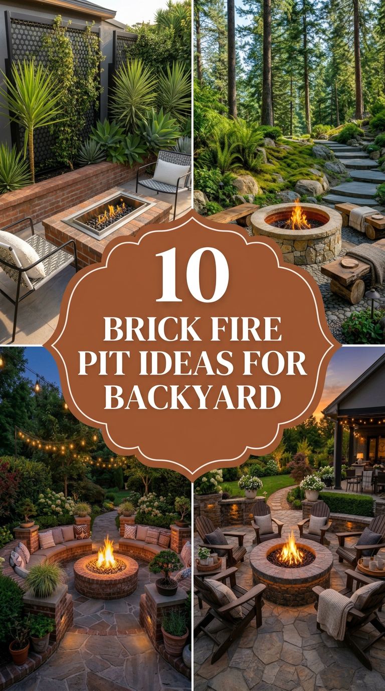 Pinterest banner for 10 Brick Fire Pit Ideas for a Stunning Backyard Retreat