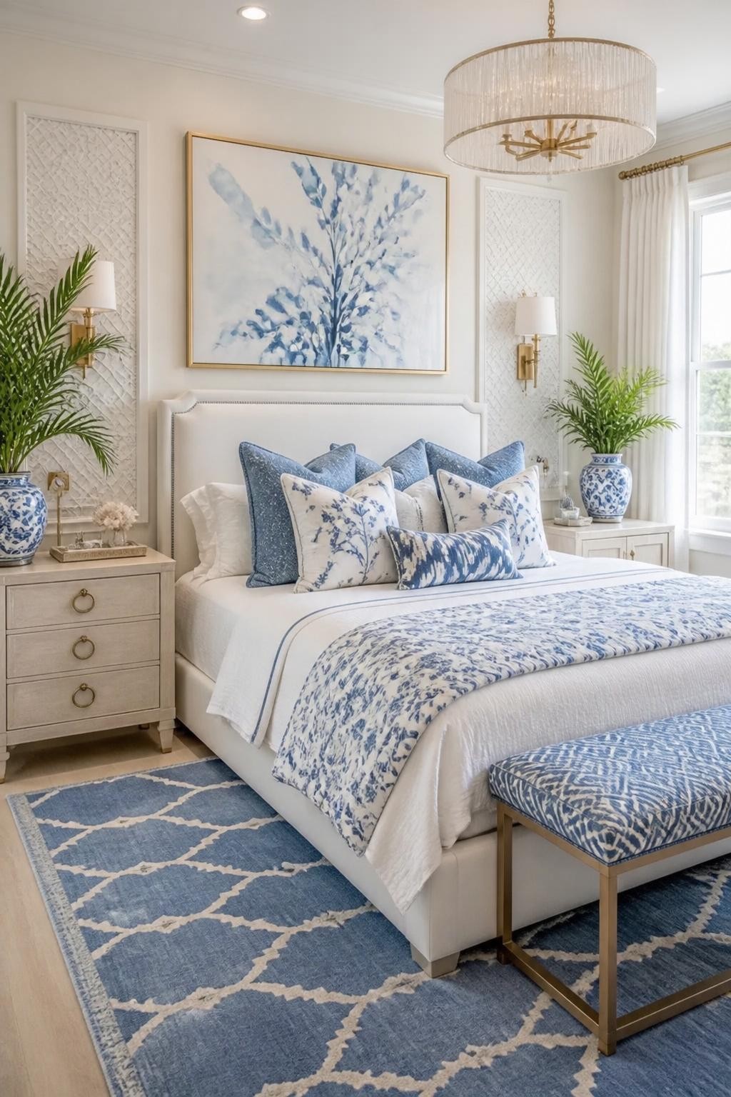 A bright and airy bedroom with a modern Chinoiserie feel, featuring a soft white padded headboard layered in a mix of blue and white pattern.