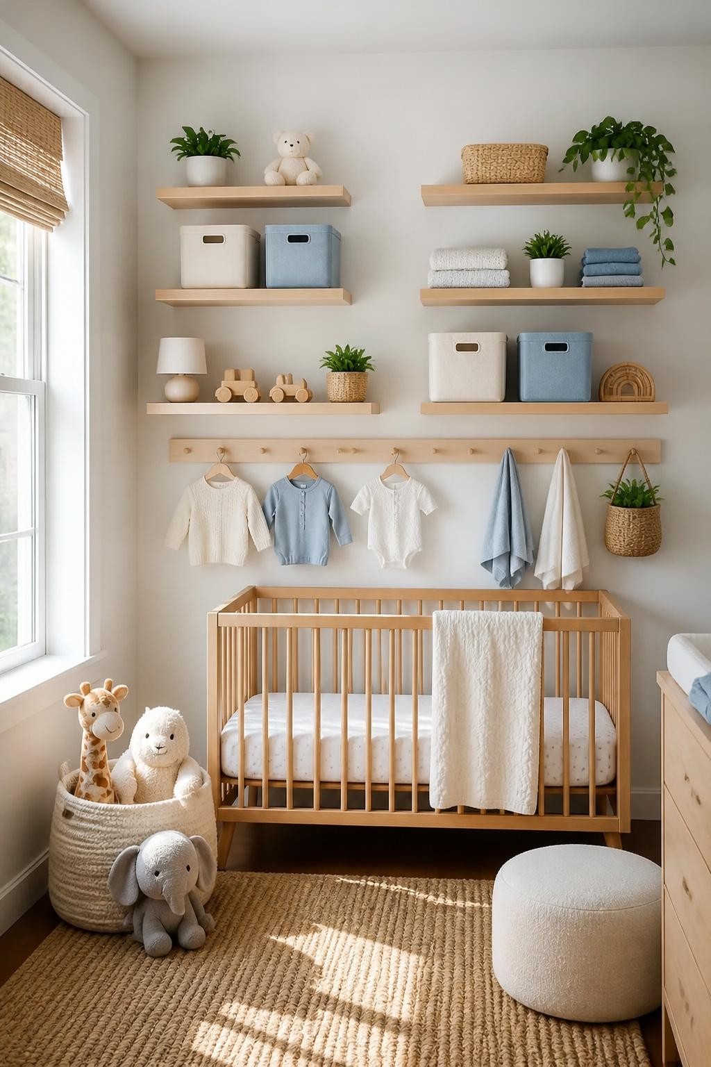 An airy, light-filled nursery with multiple blond wood floating shelves, each meticulously organized with white and blue canvas bins, greene.