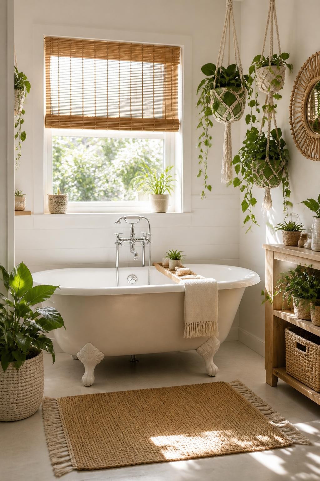 A charming boho-inspired bathroom filled with natural light streaming through a window styled with corded woven wood blinds.