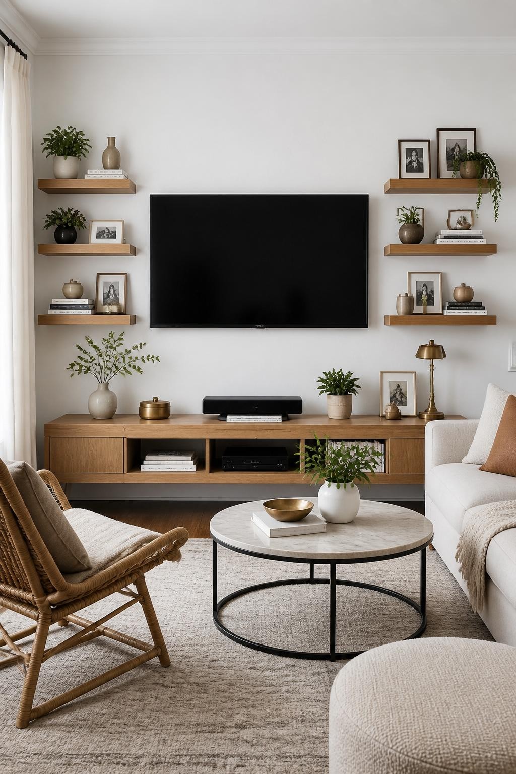 Bright and contemporary living room with neatly arranged symmetrical floating shelves on both sides of a wall-mounted TV.