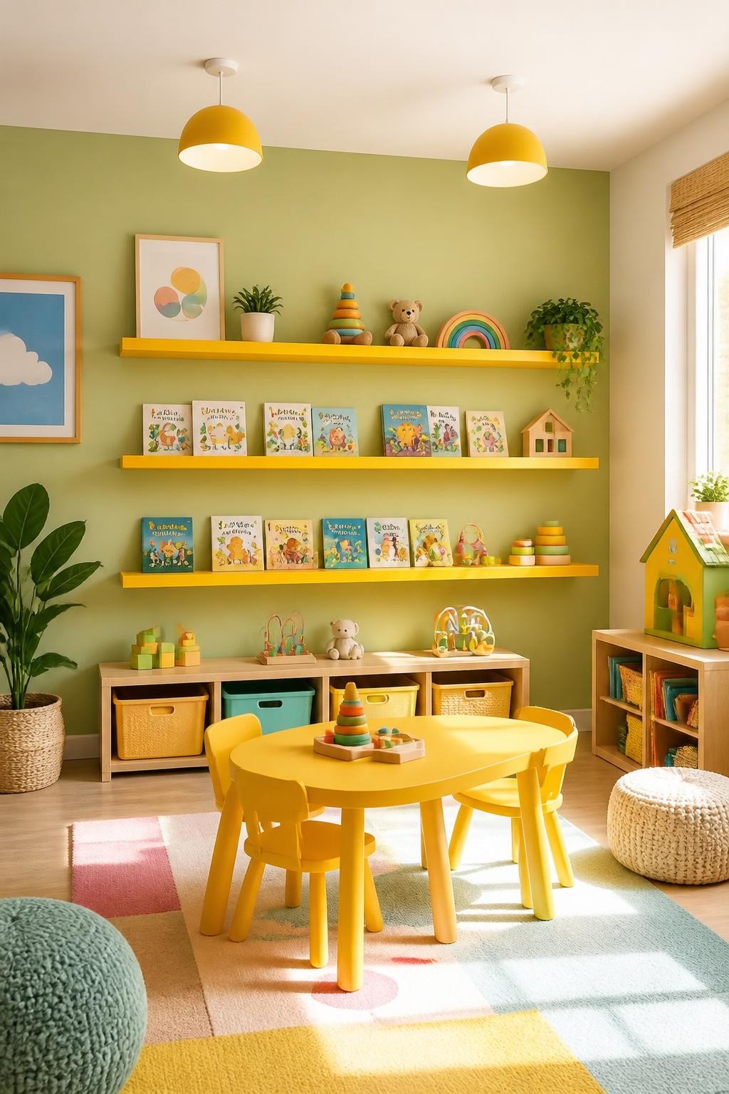 A bright, colorful playroom featuring floating yellow display shelves arranged in tiers across a light green accent wall.