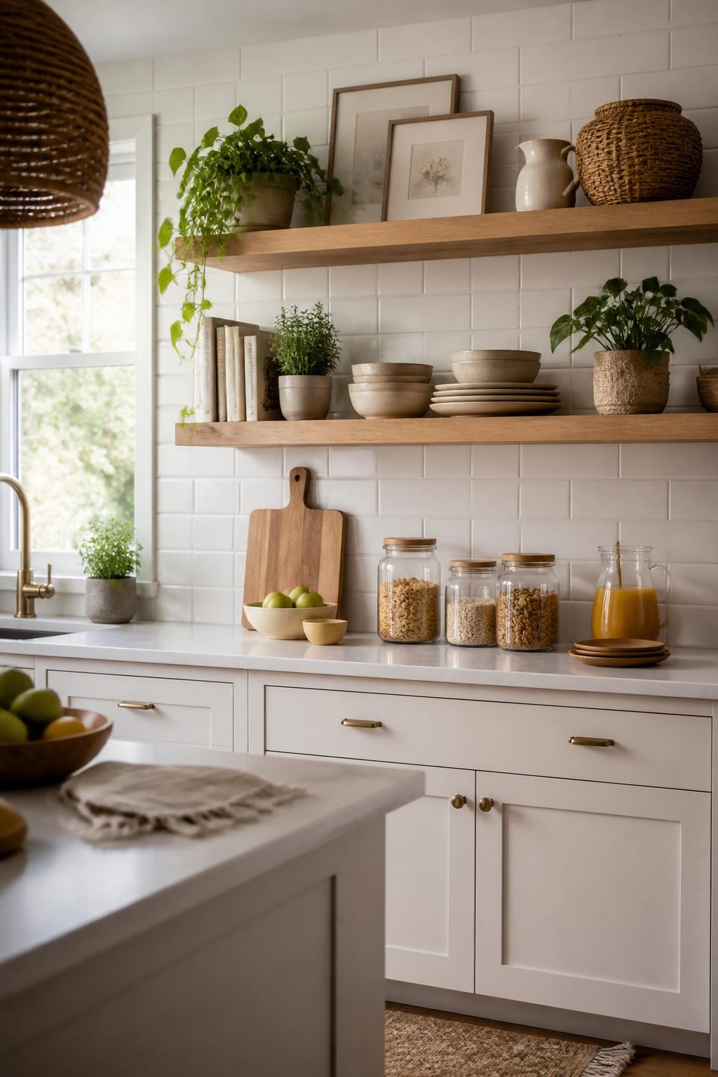 This bright kitchen accent wall boasts thick, floating wooden shelves arranged in an asymmetrical stack for visual interest.