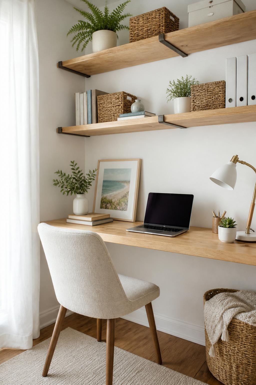 Bathed in natural daylight, this minimalist corner home office features clean white walls and two natural wood floating shelves secured with.