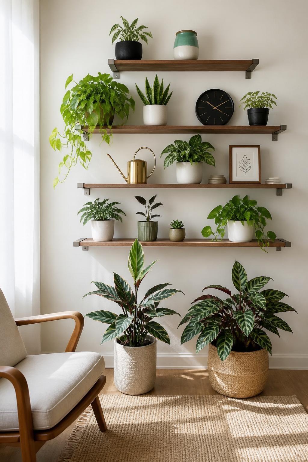 A minimalist home office or lounge area with a crisp white backdrop features staggered floating wood shelves holding an eclectic array of sc.