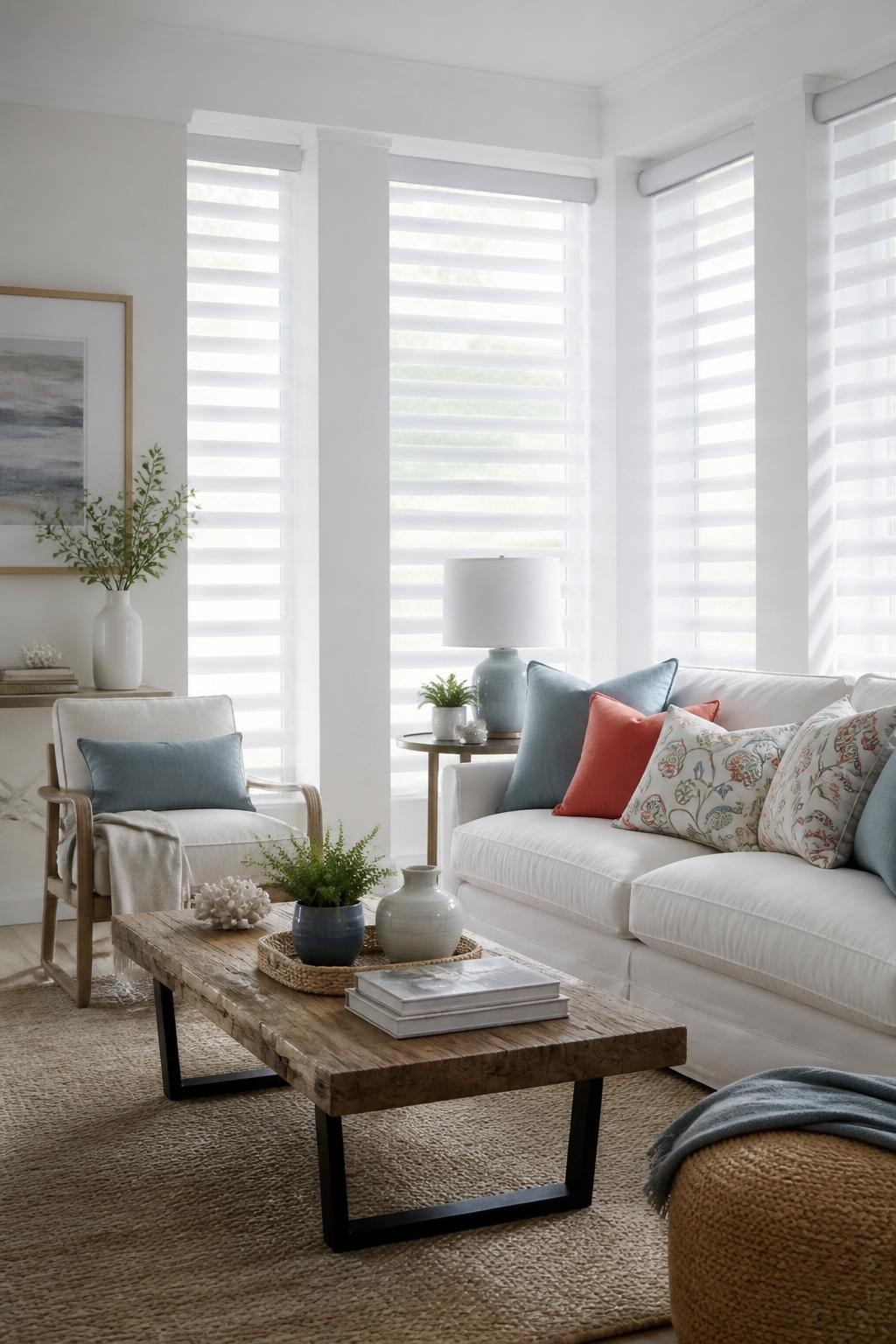 A bright, minimalist living room filled with daylight, anchored by crisp white layered sheer blinds that soften the windows.