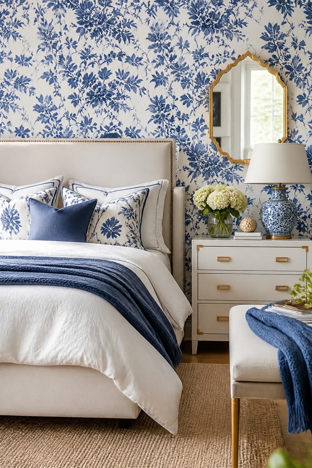 A bright, airy bedroom designed with bold navy blue and white floral wallpaper creating a lively backdrop.