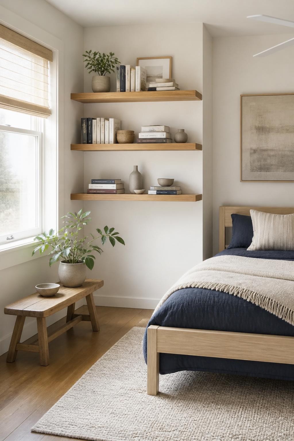 Scandinavian-inspired bedroom awash in natural light, showcasing three parallel floating corner shelves finished in natural light wood.