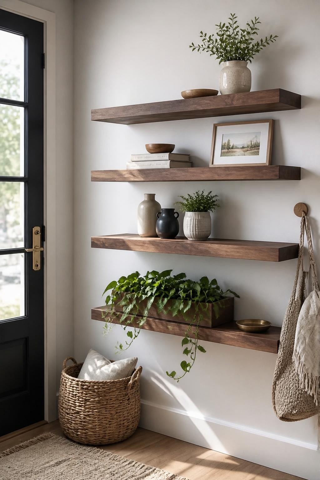 This bright Scandinavian-inspired entryway pops with crisp white walls and four floating walnut shelves, the lowest cleverly doubling as a b.