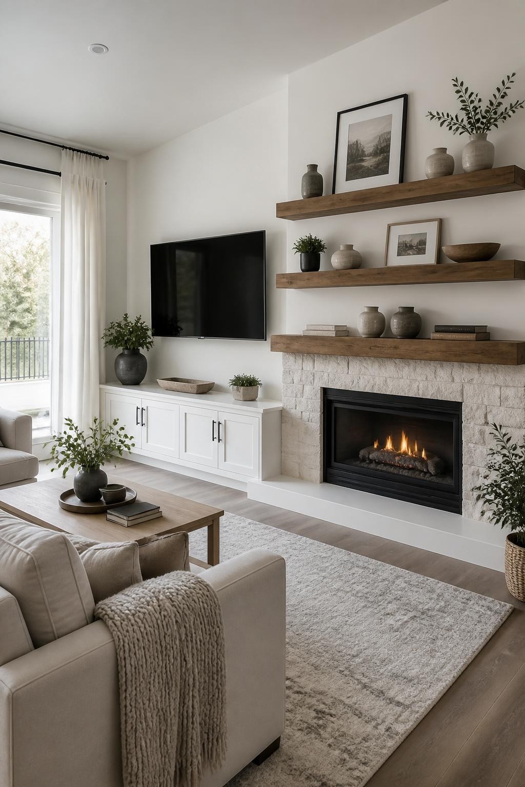 An airy Scandinavian living room featuring a bright stone fireplace with two stacked thick floating wood shelves.