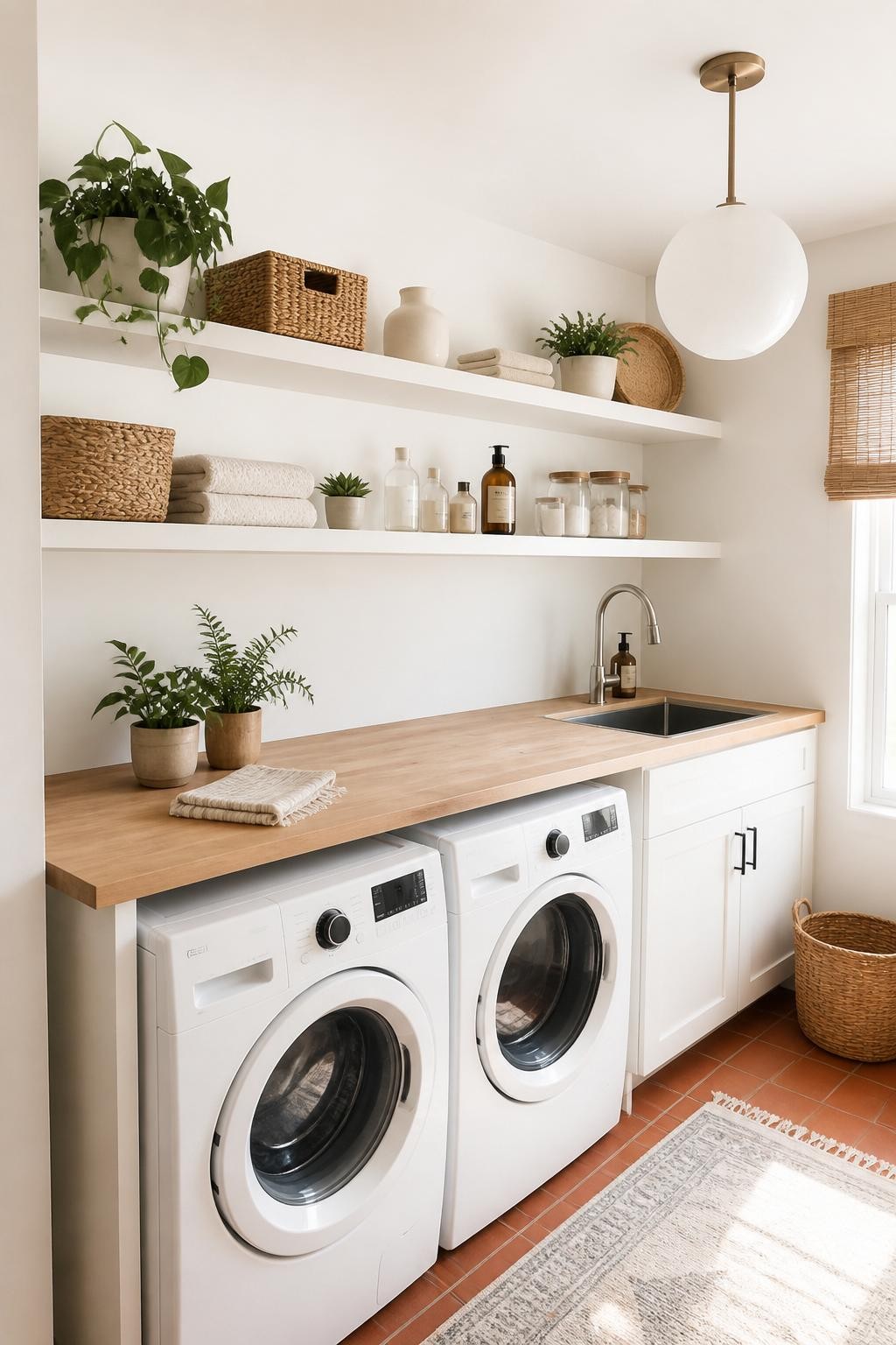 A Scandinavian-inspired laundry room bathed in natural light, showcasing wide floating white shelves above a long butcher block countertop a.