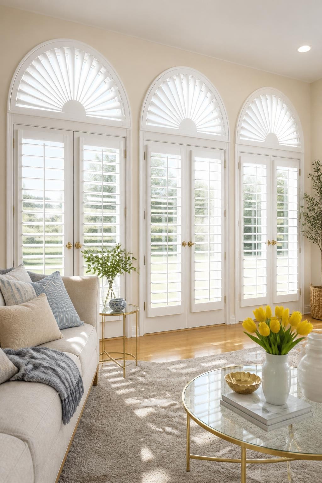 A sun-drenched transitional living area highlights a wall of French doors and arched fanlight windows, each dressed in crisp white plantatio.