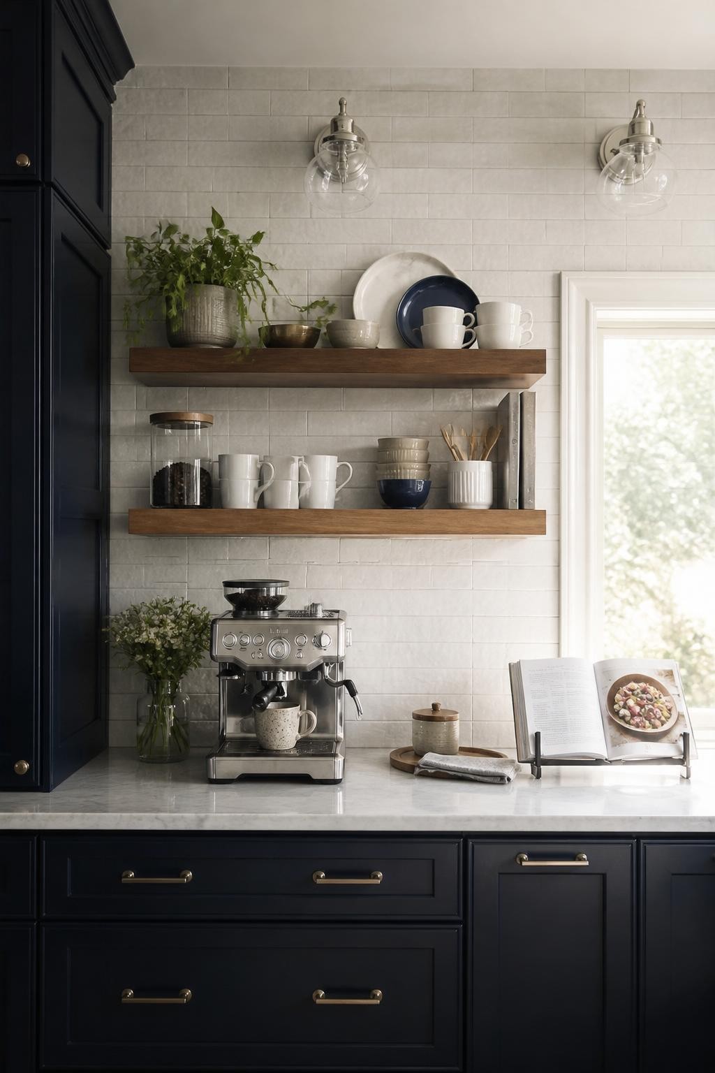 A transitional kitchen coffee bar bathed in daylight, featuring matte gray tiling, chunky wood floating shelves with softly stacked white cu.
