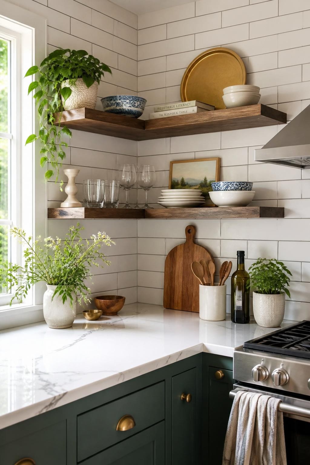 Bright, transitional kitchen corner with rich wood floating shelves mounted against large white subway tiles featuring bold grout lines.