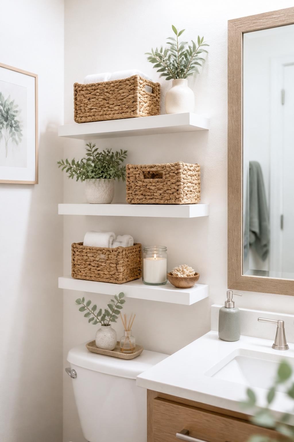 Scandinavian-inspired bathroom featuring three crisp white floating shelves above the toilet, punctuated by woven seagrass baskets, a botani.