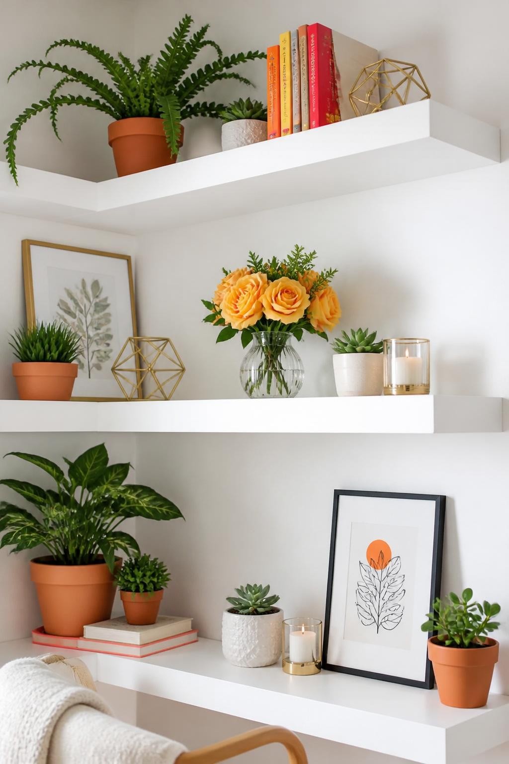 Bright white, chunky floating shelves create a fresh, playful corner arrangement in a cheerful room.