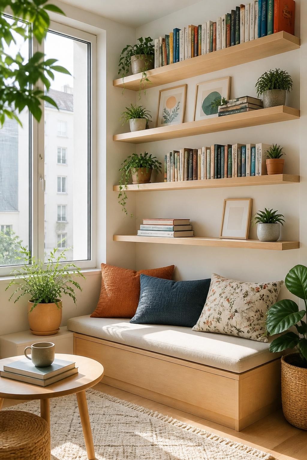 An airy Scandinavian-inspired reading nook illuminated by natural sunlight pouring through a large window, with pale wooden floating shelves.