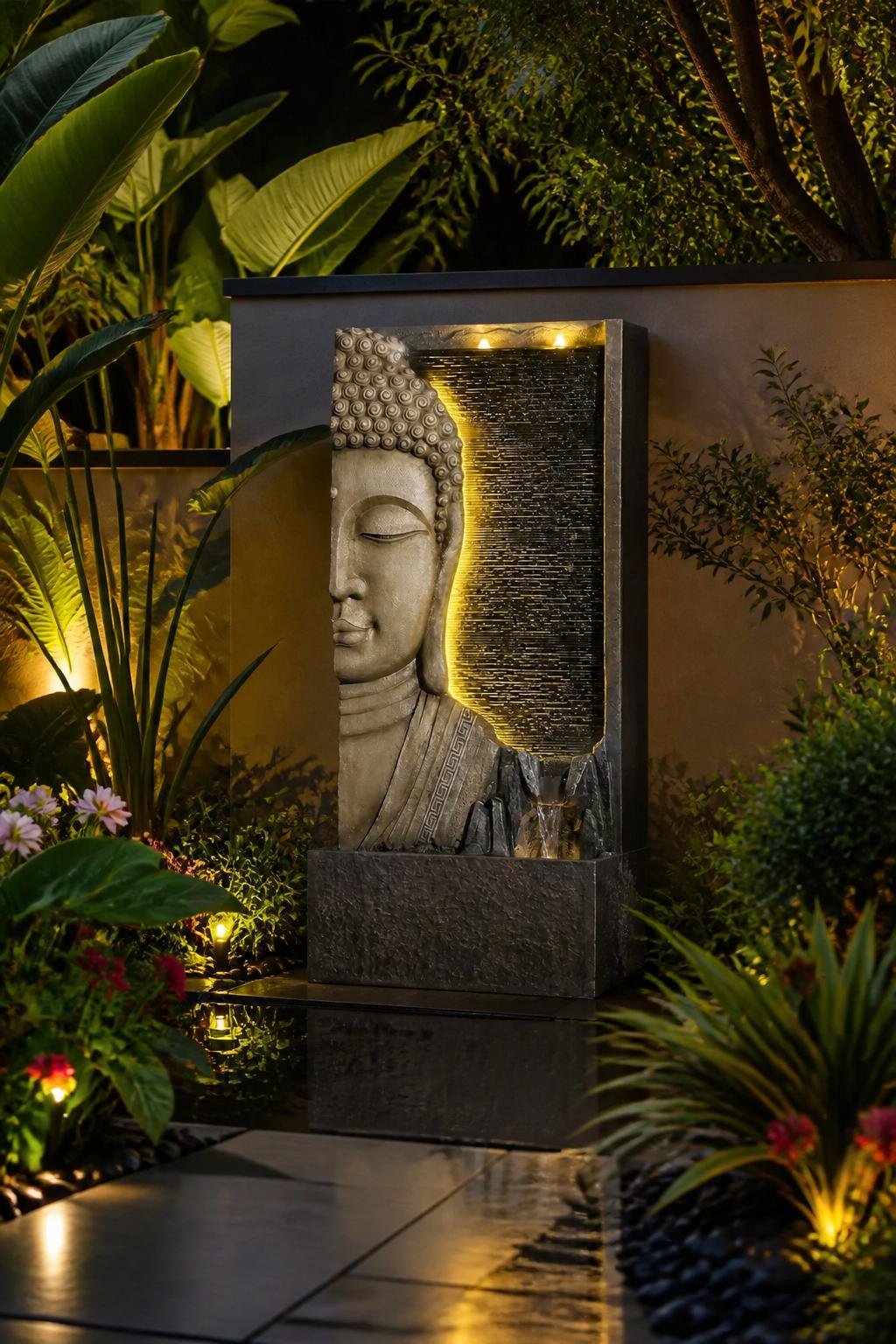 Use the uploaded Buddha Water Fountain Outdoor with LED Lights exactly as the reference product, preserving its sculptural Buddha face, tall.