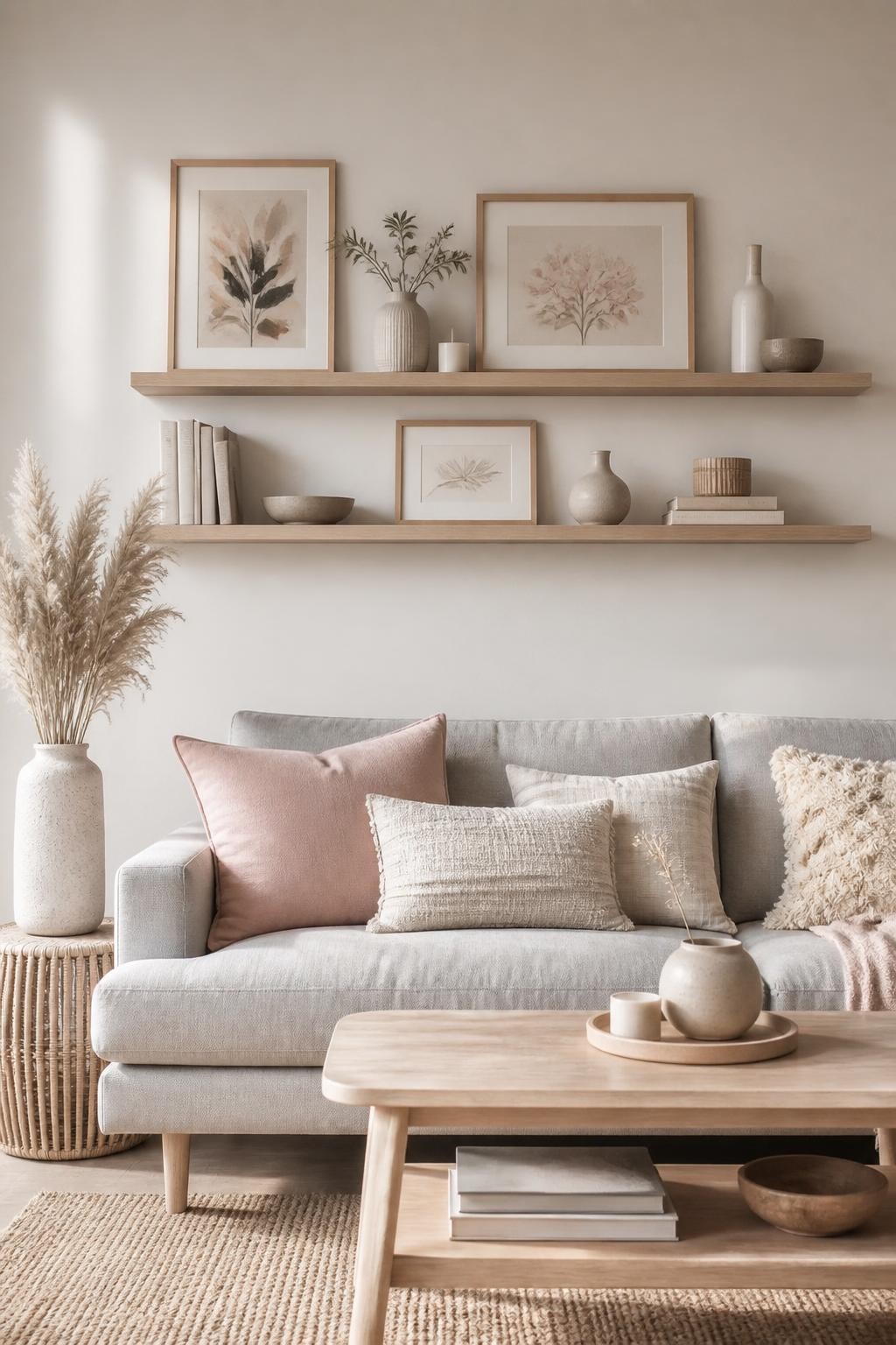 Illustrate a calm Scandinavian-inspired living room with light wood floating shelves aligned above a soft grey sofa.
