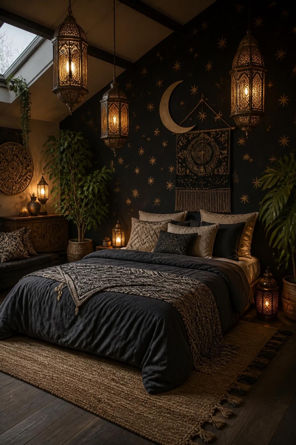 This moody bohemian bedroom features a celestial theme with gold star and moon motifs scattered across a matte black wall behind the bed.