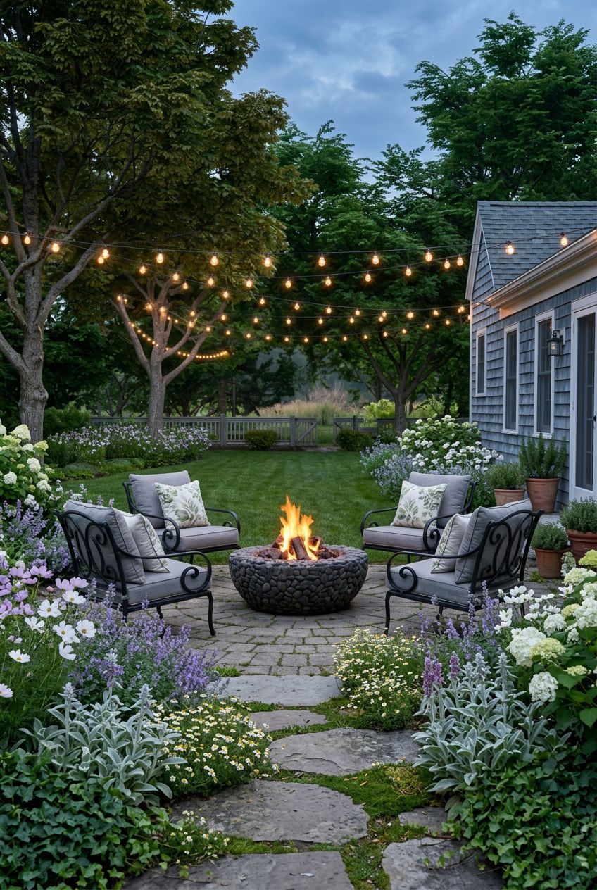 A charming cottage garden fire pit arrangement with a round stone fire bowl at the pathway terminus, surrounded by four elegant, cushioned p.