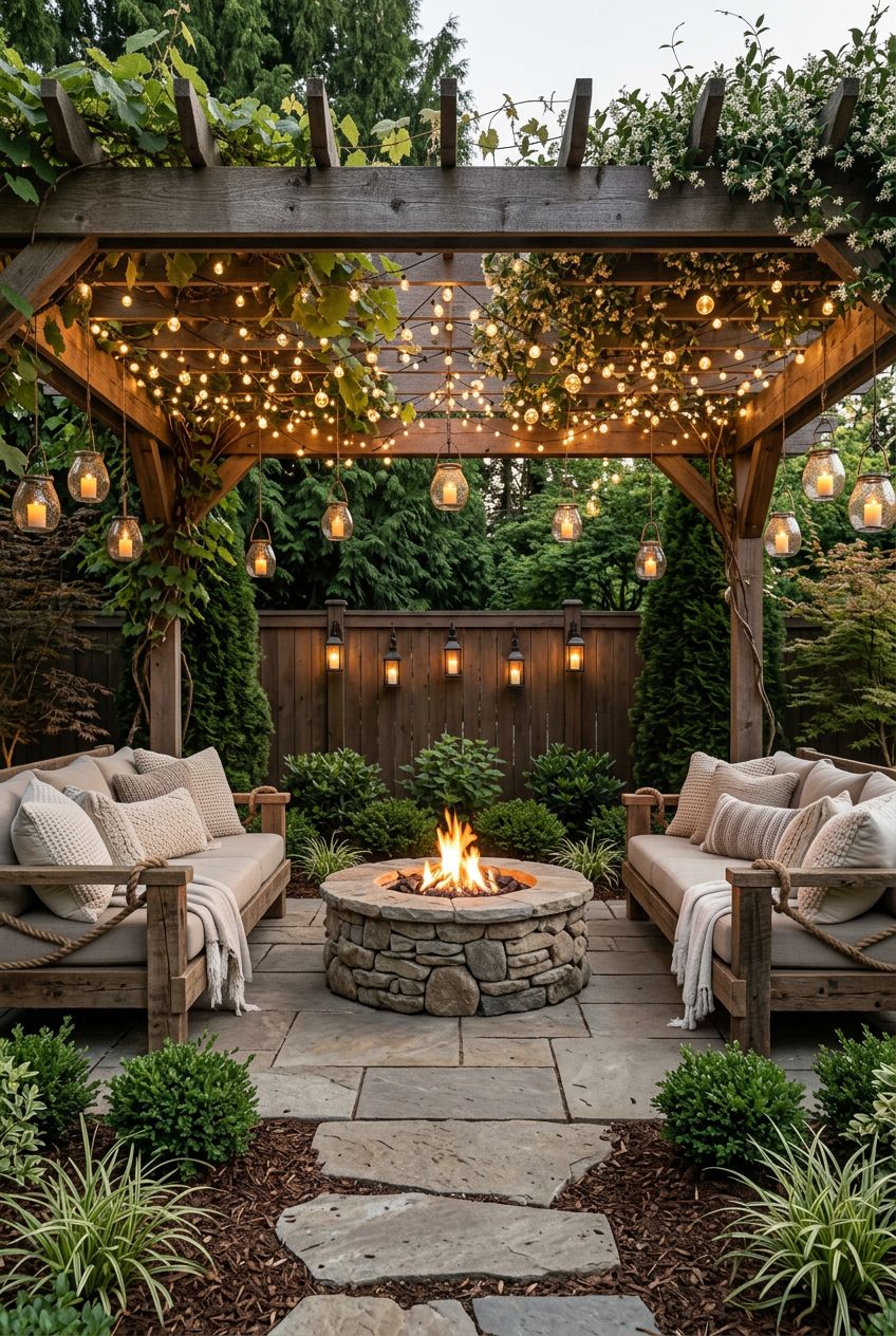 A dreamy backyard retreat featuring a sturdy wood pergola draped with fairy lights and greenery, with twin rustic rope-swung sofas on either.
