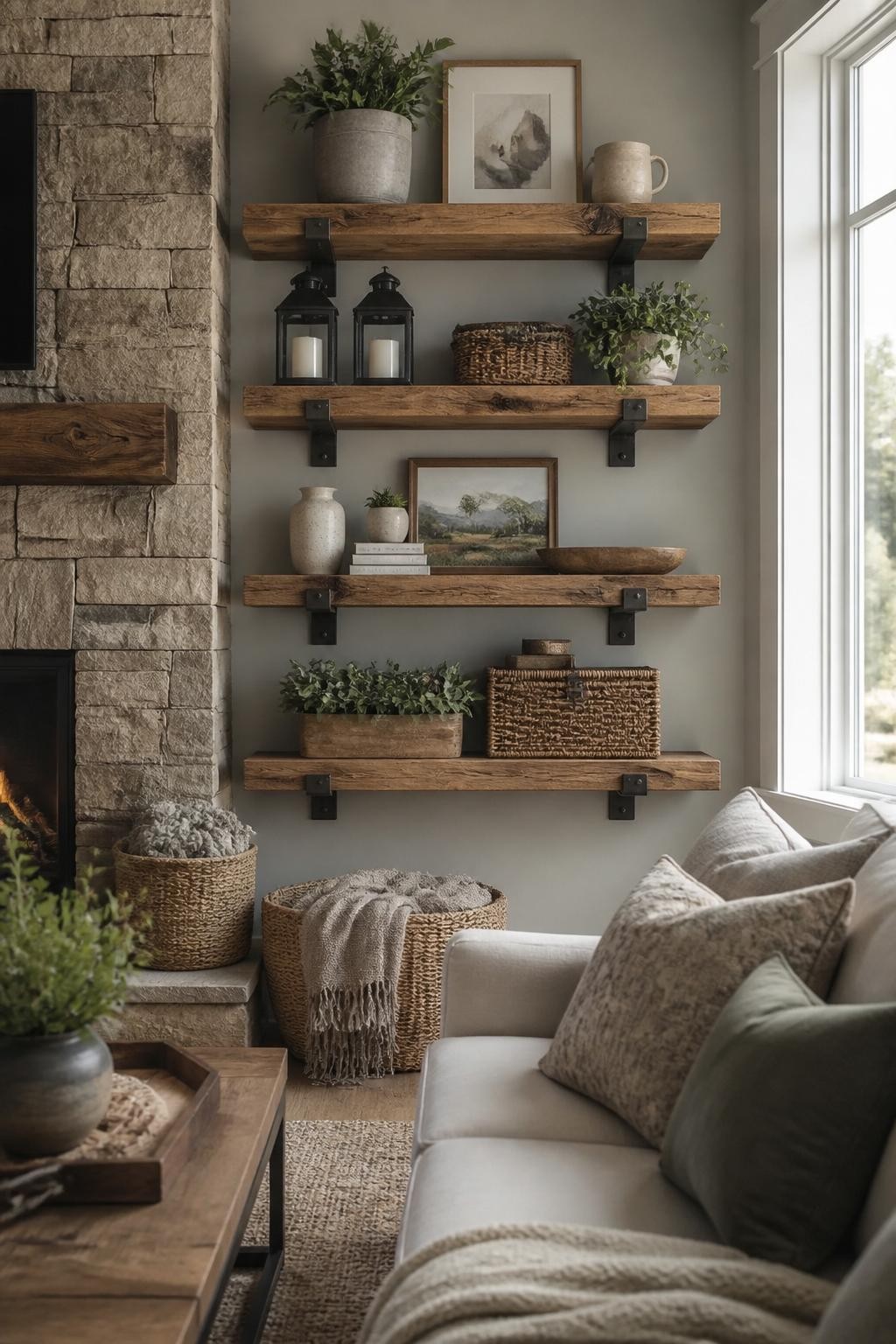 This charming living room corner boasts a vertical stack of chunky wooden floating shelves against a light gray wall, running alongside a st.
