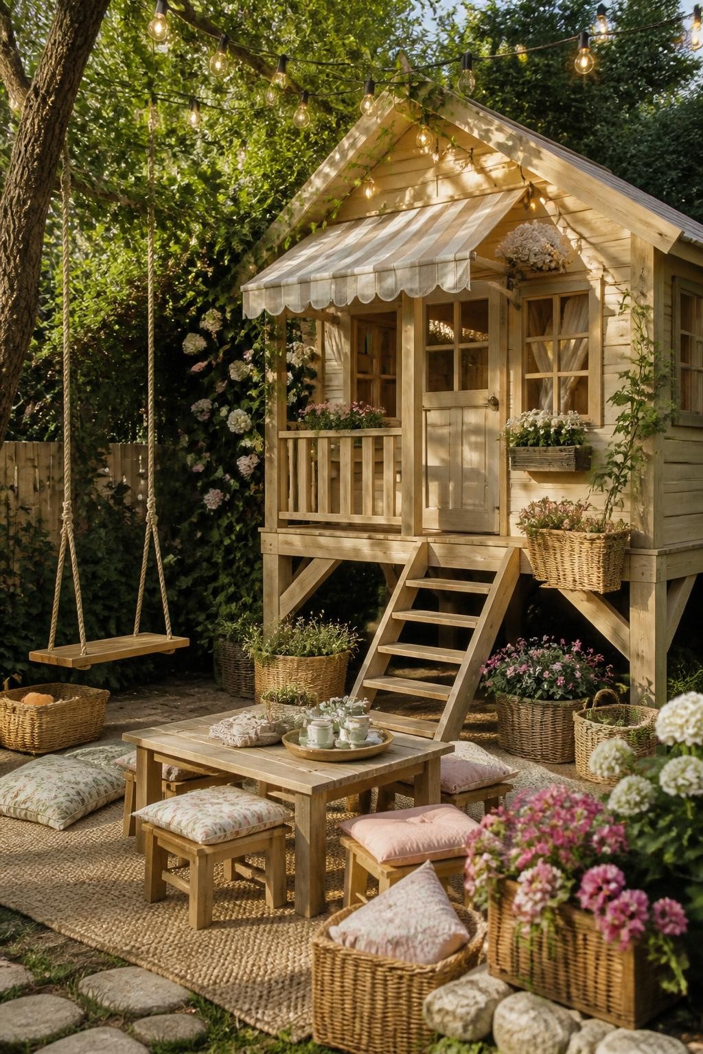 A cozy, fairytale-inspired mini house made of light wood sits in a lush corner, the raised structure equipped with window boxes, a petite fr.