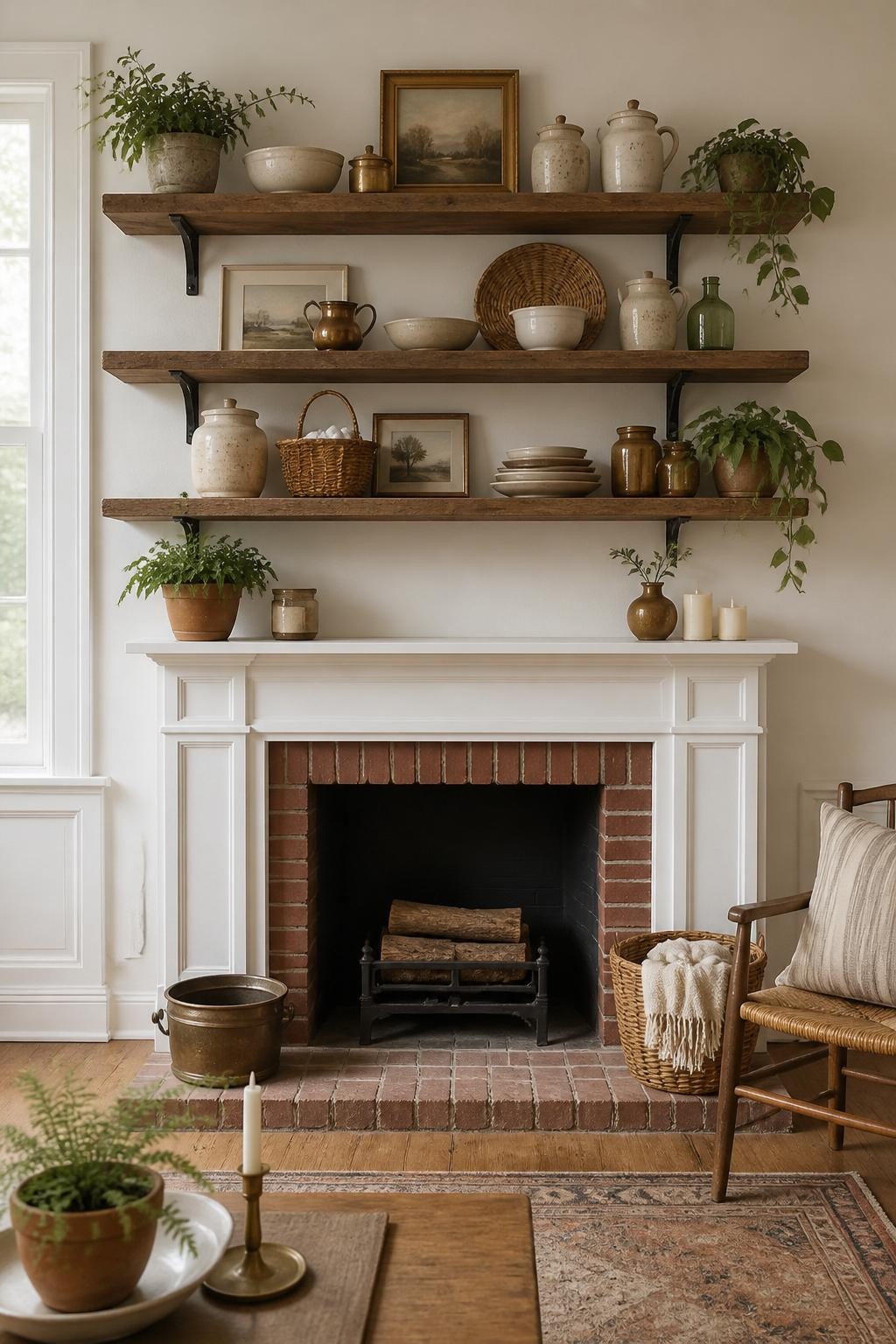 A traditional brick fireplace with white wood trim serves as the focal point, adorned with three rustic wood floating shelves.