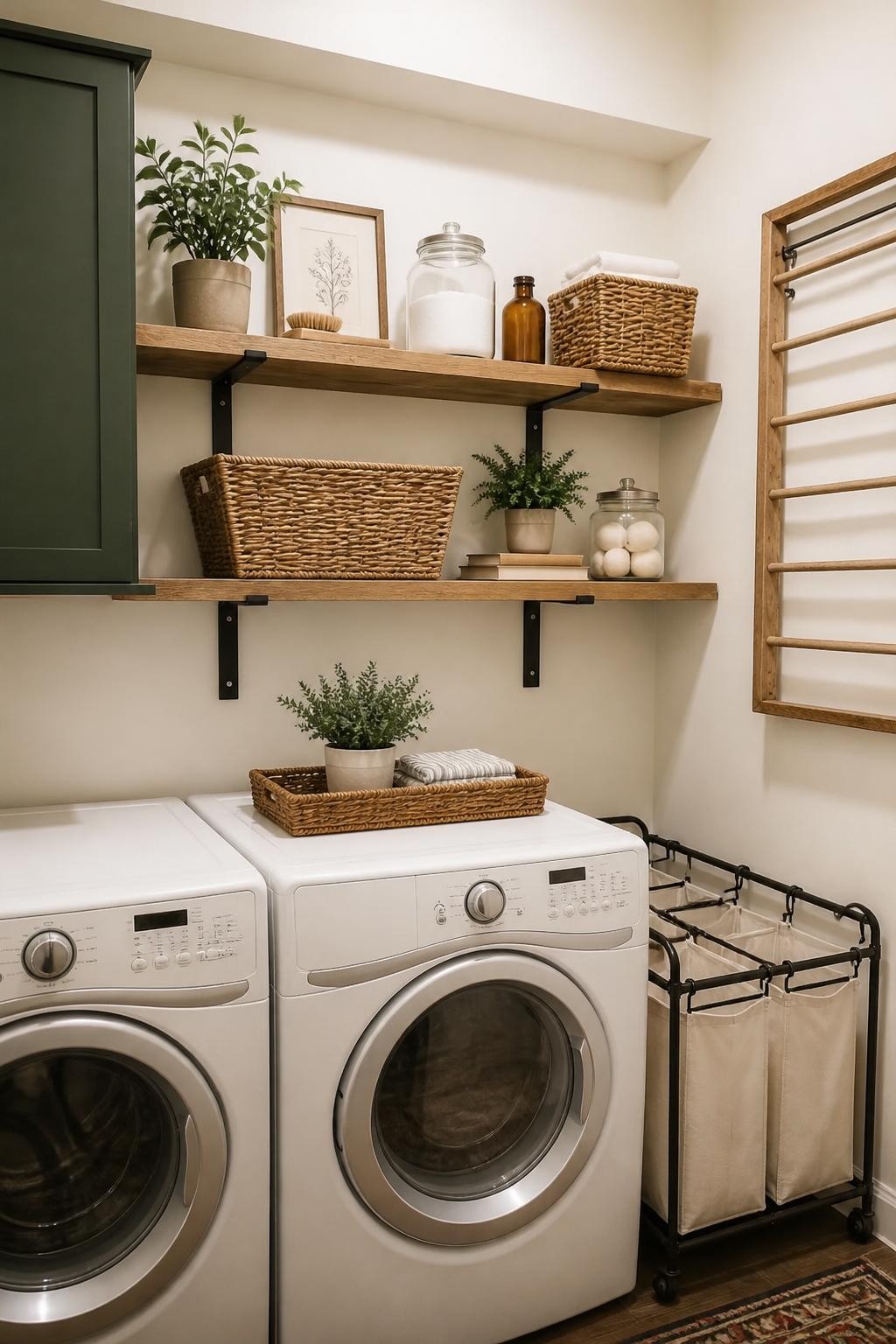 A vintage-inspired laundry nook with cream walls, featuring rustic wood floating shelves held by matte black brackets above the laundry mach.
