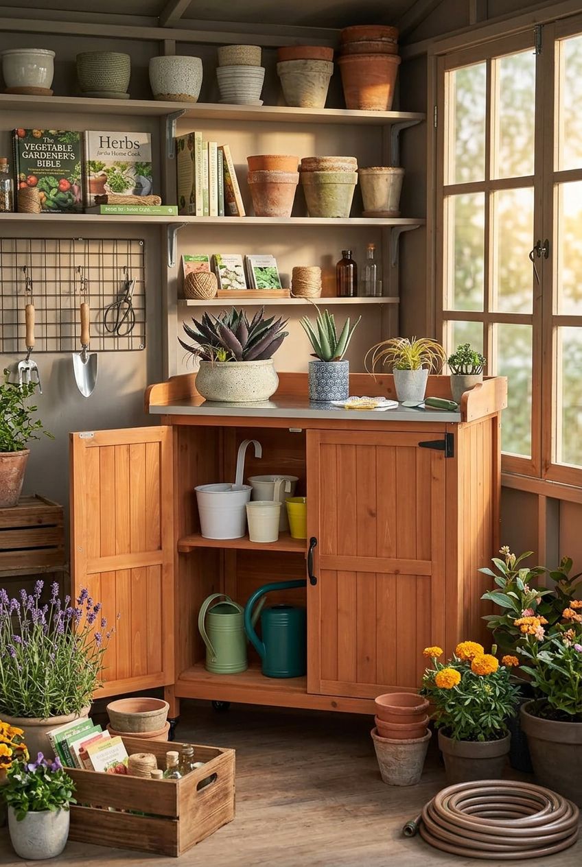 Use the uploaded Yaheetech Garden Potting Bench Table exactly as the reference product, featuring its compact two-door cabinet, warm-toned w.