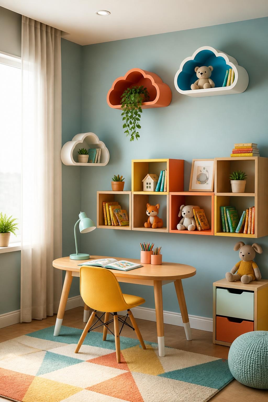A modern kids’ workspace with playful floating shelf designs, including red and white cloud-shaped shelves and cheerful box shelves in yello.