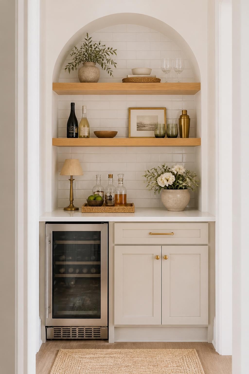 Designed within an arched niche, this chic dry bar features floating blonde wood shelves against crisp white subway tiles, blending classic.