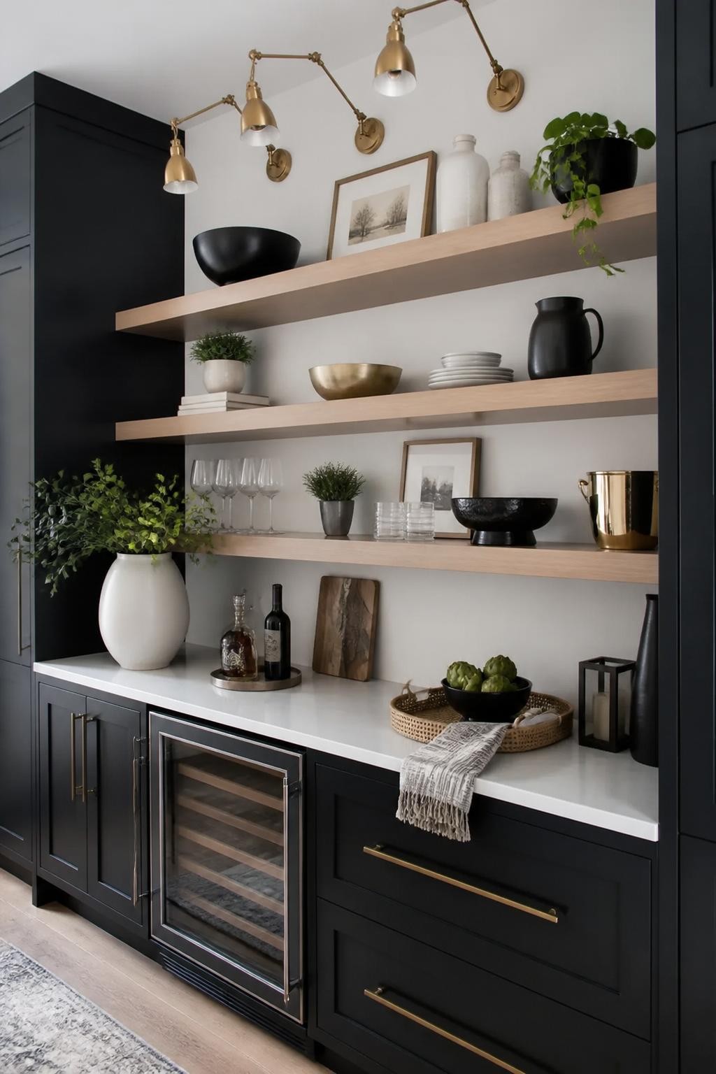This chic kitchen leans modern with dramatic matte black cabinetry, striking brass handles, and three wide, thick floating shelves in bleach.