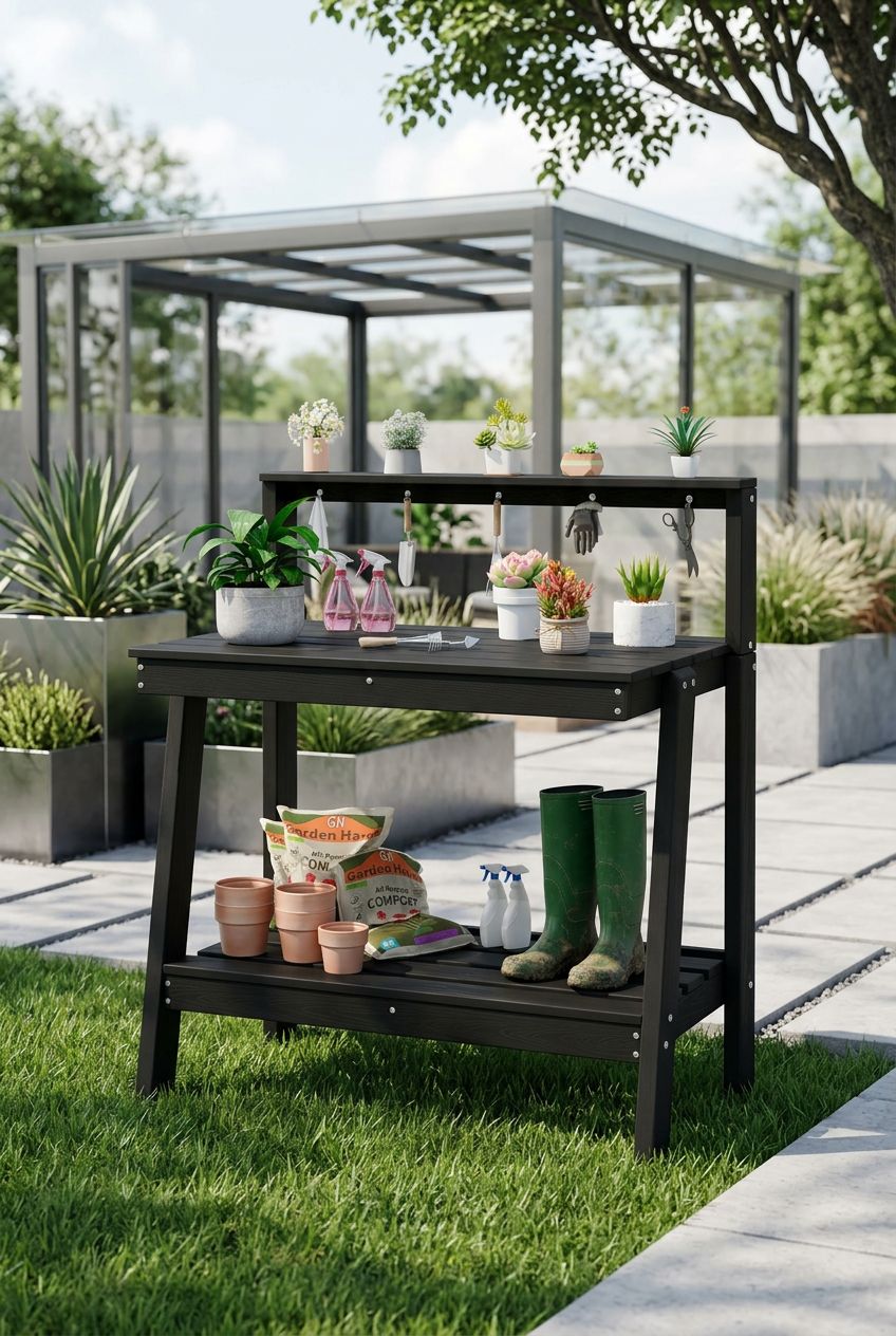 Use the uploaded SERWALL Potting Bench Outdoor with Storage exactly as the reference product, featuring its deep black wood tone, slatted su.