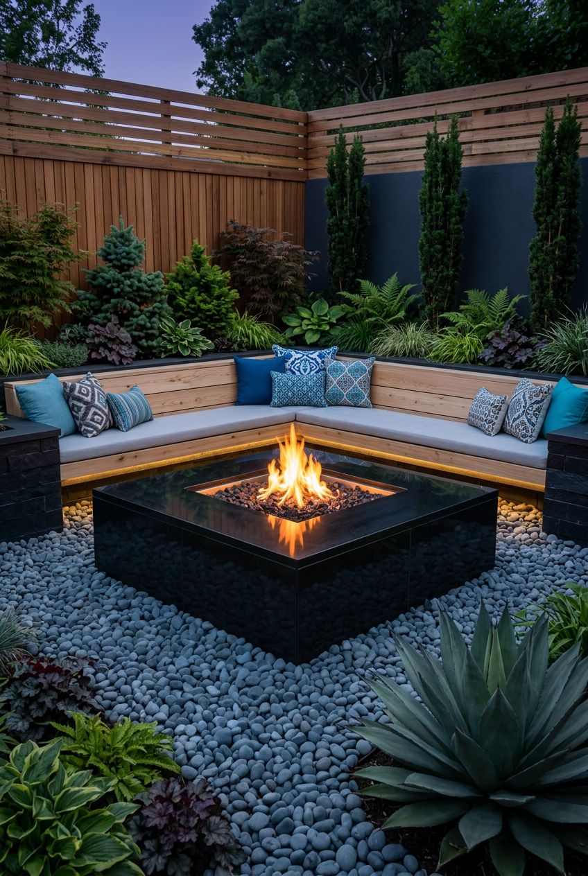 Display a chic, contemporary garden retreat with deep black stone cladding for the fire pit and matching low retaining walls, all surrounded.